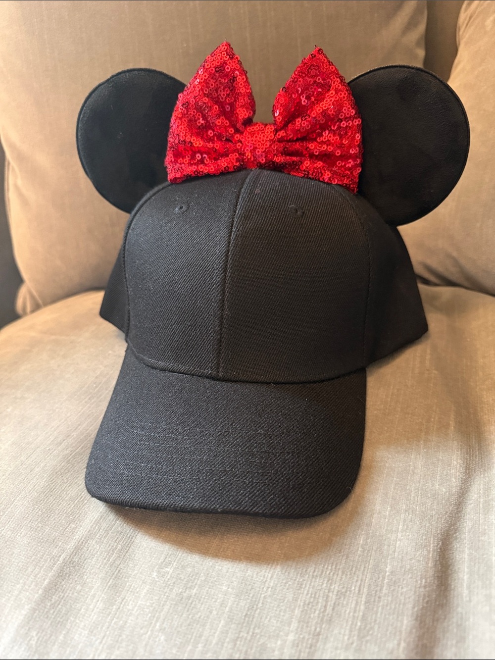 Black Minnie Ear Baseball Cap with Red Sequin Bow